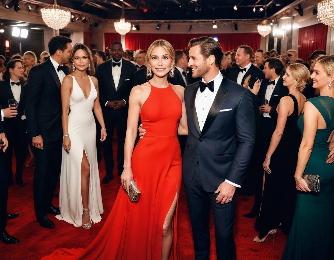 A glamorous red carpet scene featuring diverse celebrity couples, with vibrant lights and cameras flashing around them. Each couple showcases unique styles, with thoughtful expressions talking about love and insurance. In the background, large posters display headlines about celebrity relationships and their insurance coverage. The scene exudes celebrity allure, intimacy, and a touch of humor. super-realistic. vibrant colors. 3D.