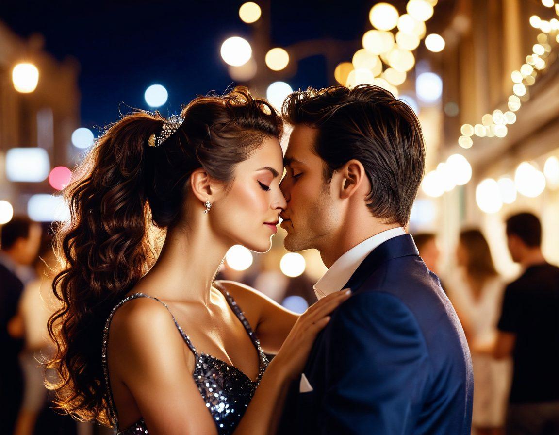 A glamorous couple whispering in an intimate setting, surrounded by shimmering lights and soft-focus glitter. In the background, paparazzi flashes create a contrast between public scrutiny and private joy. Emanate feelings of love intertwined with the need for protection, symbolized by a heart shield glowing gently. The couple's expressions convey warmth and trust amidst the chaos. super-realistic. vibrant colors. soft-focus.