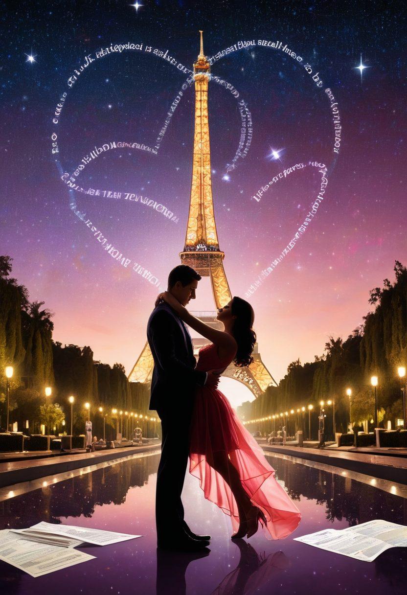A glamorous couple embracing under a starry sky, surrounded by iconic landmarks representing fame and fortune, such as the Eiffel Tower and a Hollywood sign. In the foreground, scattered insurance documents and policies tied with a heart-shaped ribbon symbolize their unique insurance needs. The scene radiates a romantic and dreamy atmosphere with soft, glowing lights. vibrant colors. super-realistic.